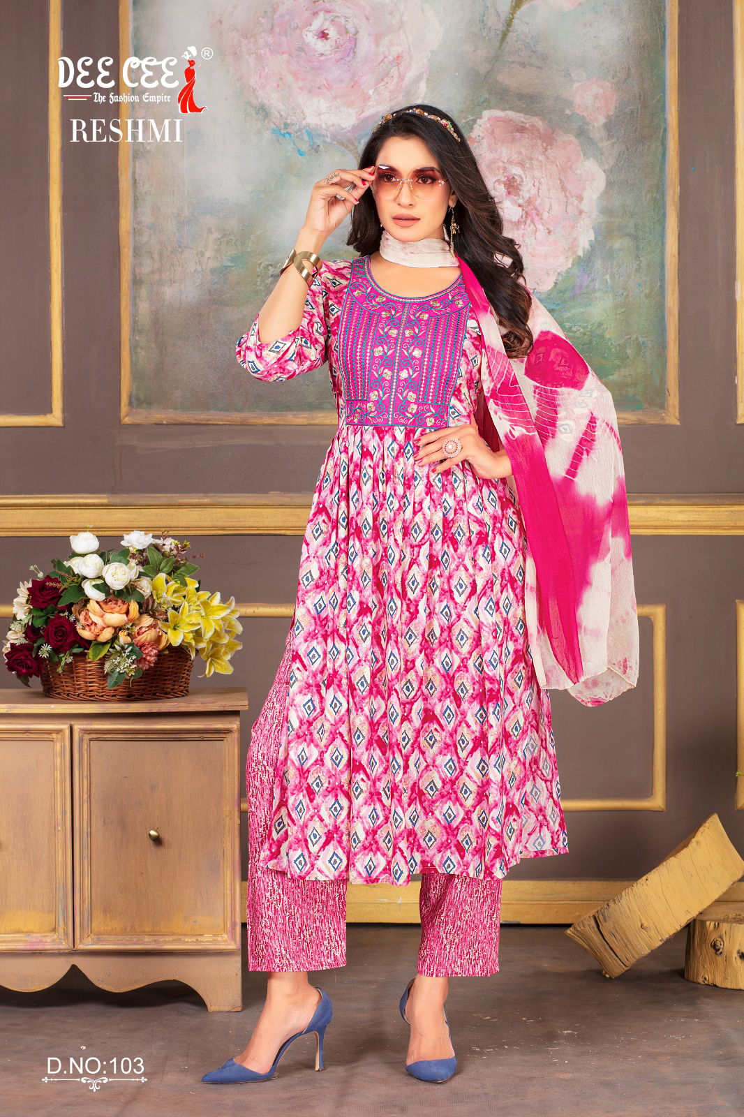 Reshmi By Deecee Rayon Foil Printed Naira Cut Kurti With Bottom Dupatta Wholesale Price In Surat